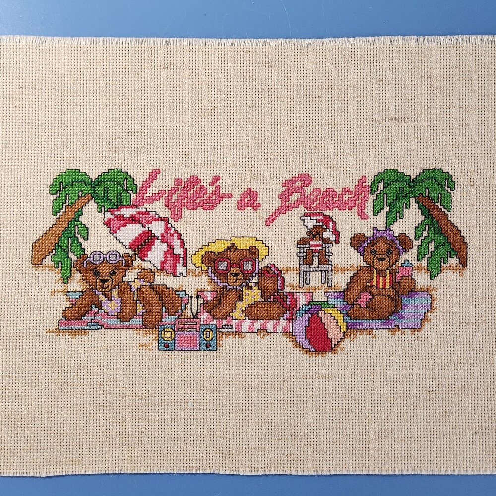 COUNTED CROSS STITCH BEARS AT BEACH BALL SUNBATHING SUMMER PALM TREE